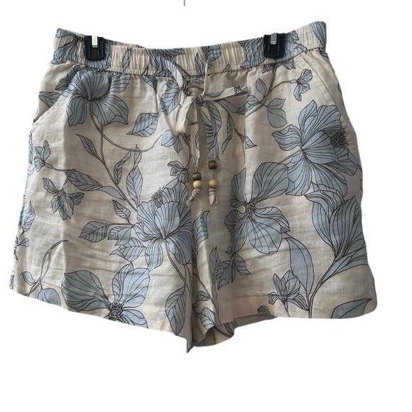Cynthia Rowley L Floral Linen Shorts Beaded Drawstring Pockets Summer Lightweigh - Picture 1 of 9